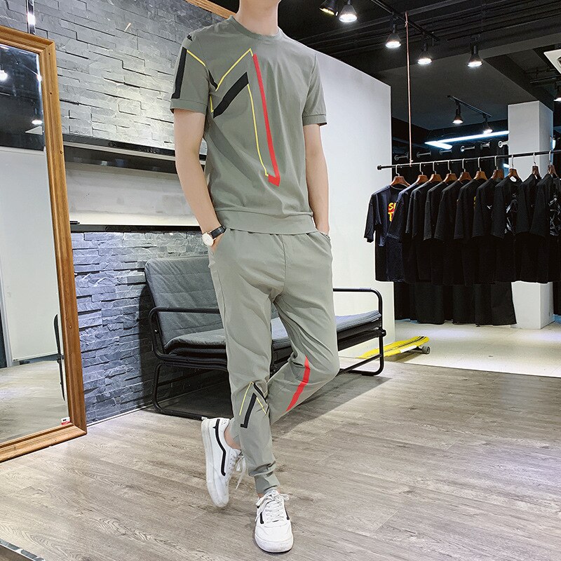 Zomer Best Verkopende Producten Mannen Casual Sport Pak Jeugd Casual Printing Korte Mouwen T-shirt Broek trendy Pak: Army Green / L