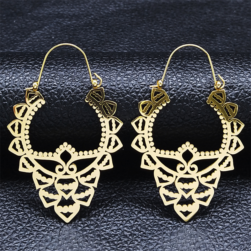 Pendientes de flor de loto de Yoga a la , pendientes de aro de acero inoxidable de Color dorado para mujer, joyería boucles d'oreilles E9360S01: Zinc negro plateado