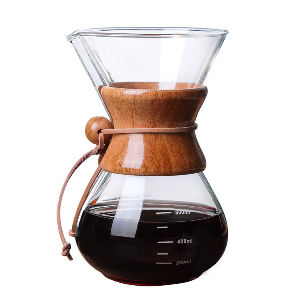 Hæld over kaffemaskine glaskaraffel og genanvendeligt rustfrit stål permanent filter manuel kaffedråber med ægte træmuffe: 600ml