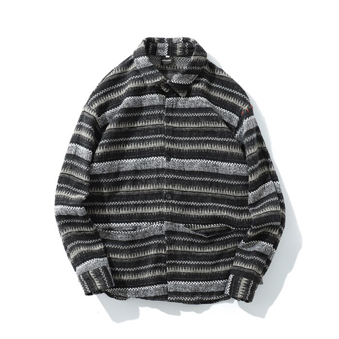 Chemise en laine géométrique hommes manches longues printemps tribu hommes chemise Streetwear vêtements: Gris / XL
