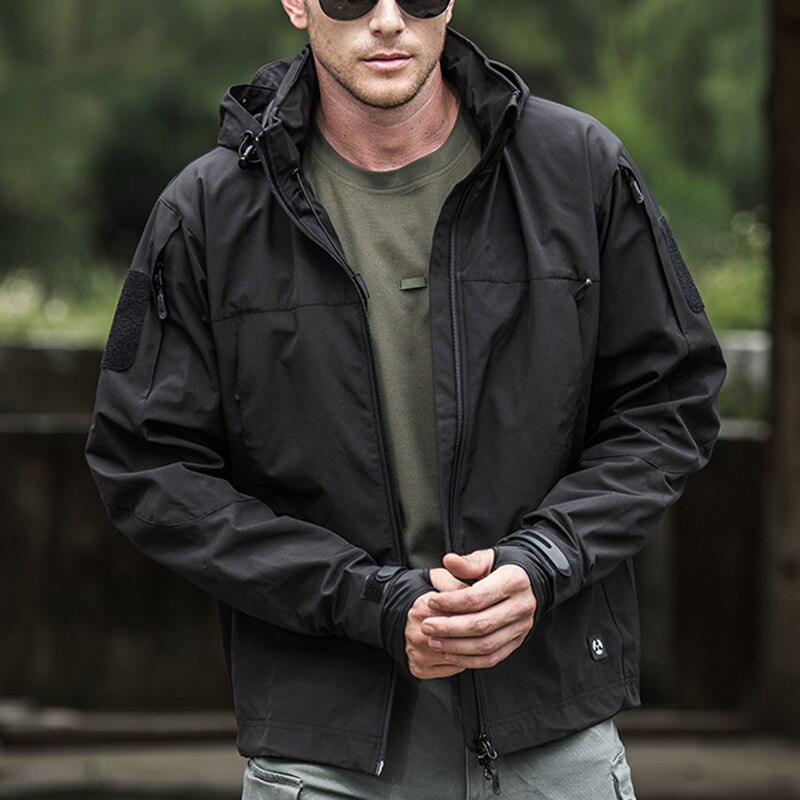 Outdoor Waterproof Soft Shell Hooded Jacket Spectre Hoodie With 7 Zipper Pocket Warm Breathable Lightweight CMG786: black