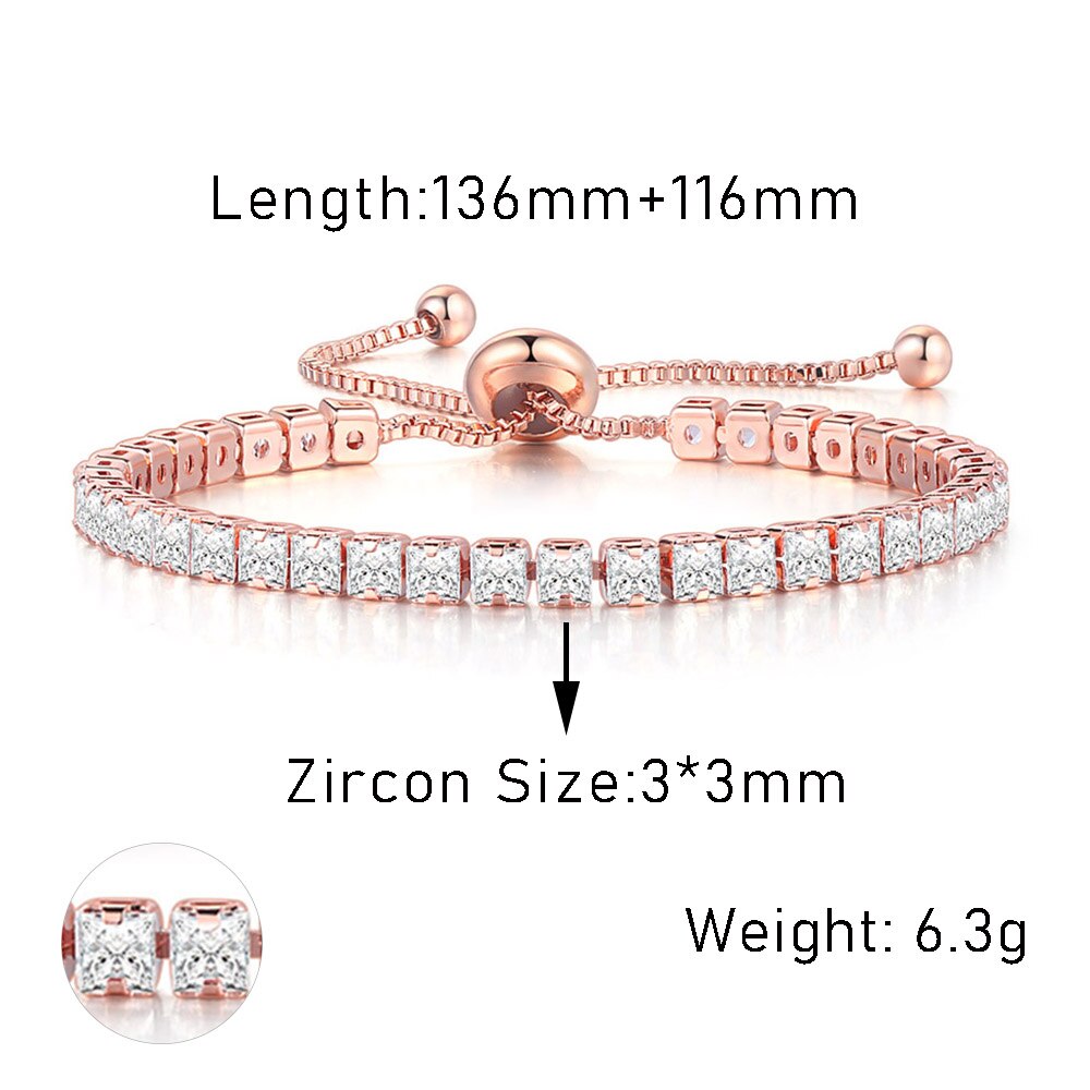 Adjustable Squares 3/4mm AAA+CZ Tennis Bracelets for Women Shiny Crystal Short Chain on Hand Sexy Accessories Jewelry: Vermeil