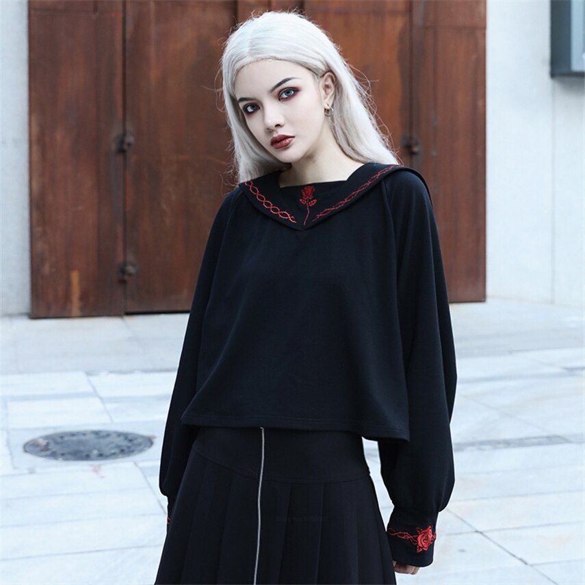 Gothic Girl High School Embroidery Uniforms Japan Version JK Short Tops Shirt Woman Long Sleeve Black Sailor Costumes