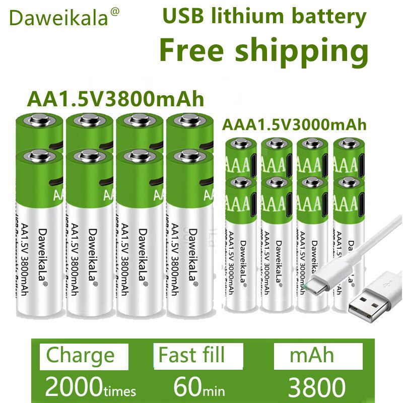 rechargeable AA 1.5V 3800mah / 1.5V AAA 3000mAh lithium battery flashlight toy watch MP3 player lithium battery replacement: 16pcs