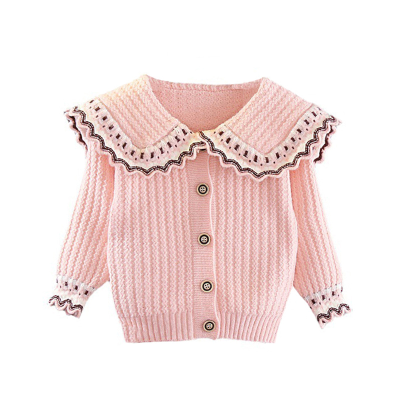 Autumn Winter Girls Knitting Cardigans Coat Kids Long Sleeve Peter Pan Collar Warm Sweater 3Color 0-5Y