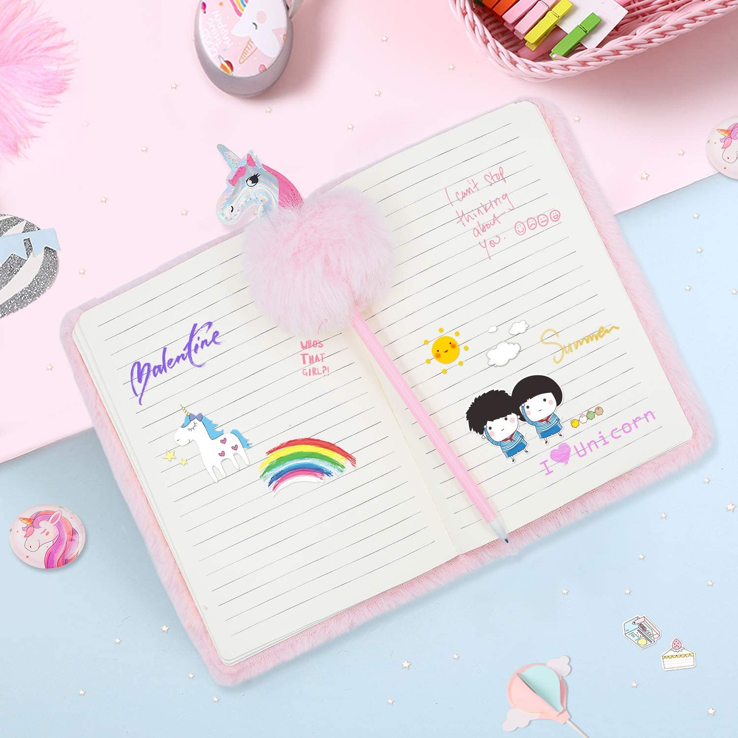 Plush Unicorn Notebook, Magic Diary for Girls Lovely Unicorn Fluffy Notebook 160 Pages for Writing and Drawing Birthday for Girl