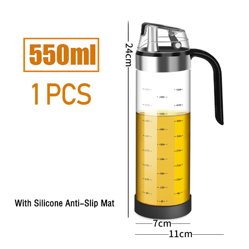 Grande Bouteille en Verre à Rabat et Bouchon Automatique, Distributeur d'Huile d'Olive, Conteneur de Condiments, Cruet Étanche de Vinaigre: 550ML with Pad 1pc