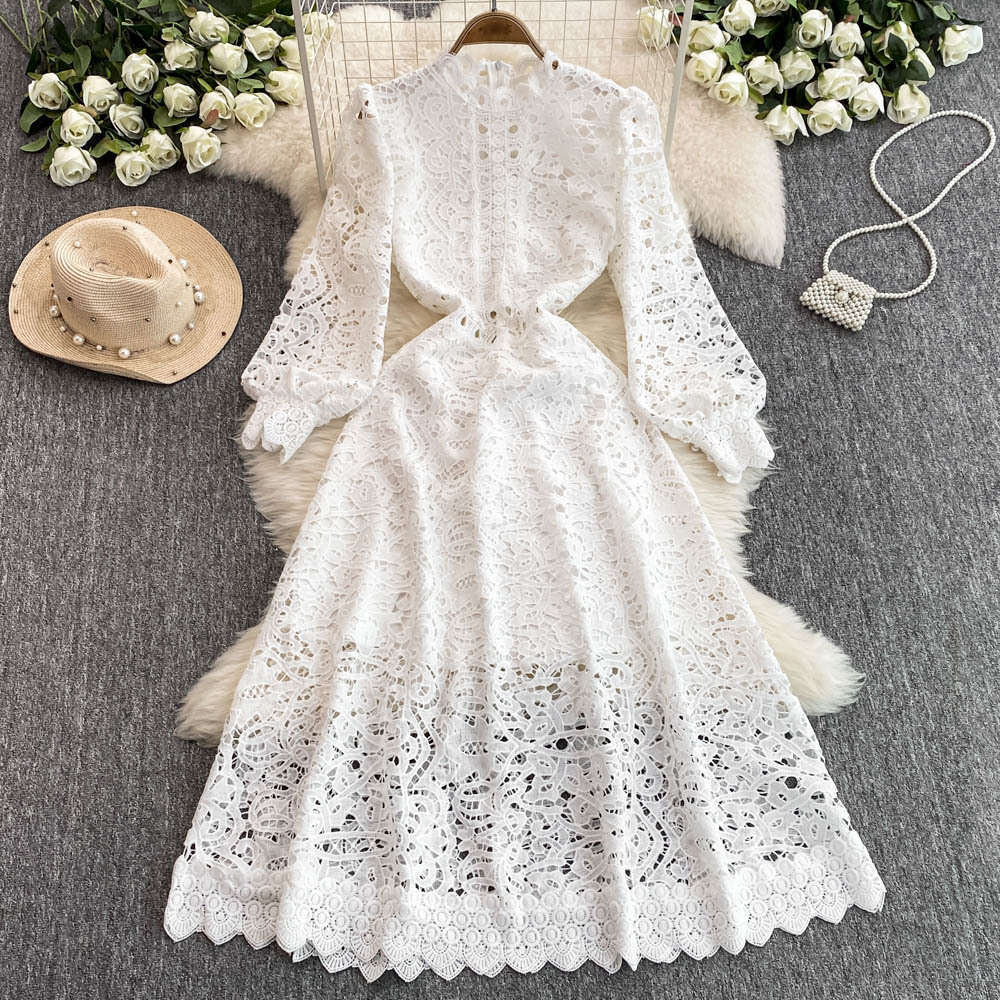 Forårskjole med udhulet blomsterbroderi, hvid blonde, festkjole til kvinder, langærmede midikjoler til aftenbryllup, vestidos