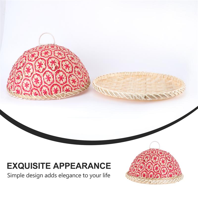 Bamboo Weaving Dustproof Cover With Plate Food Tray Vegetable Fruit Bread Dishes Tent Basket Random Color