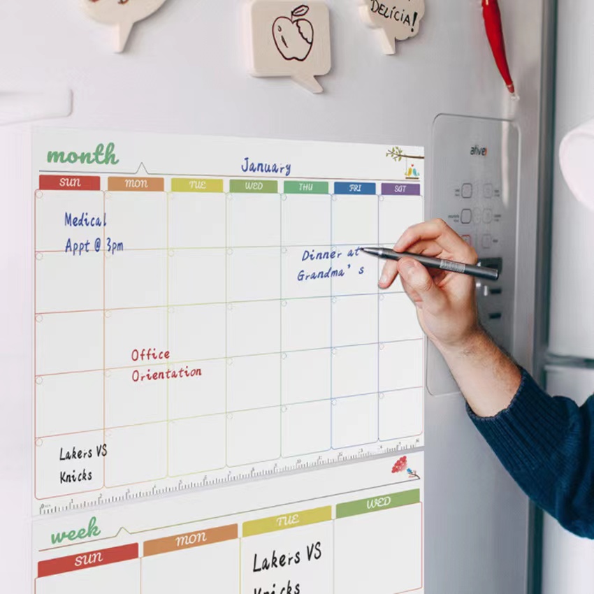 Planificador semanal mensual magnético, calendario, mesa, pizarra blanca de borrado en seco, pegatina para nevera, tablero de mensajes, menú