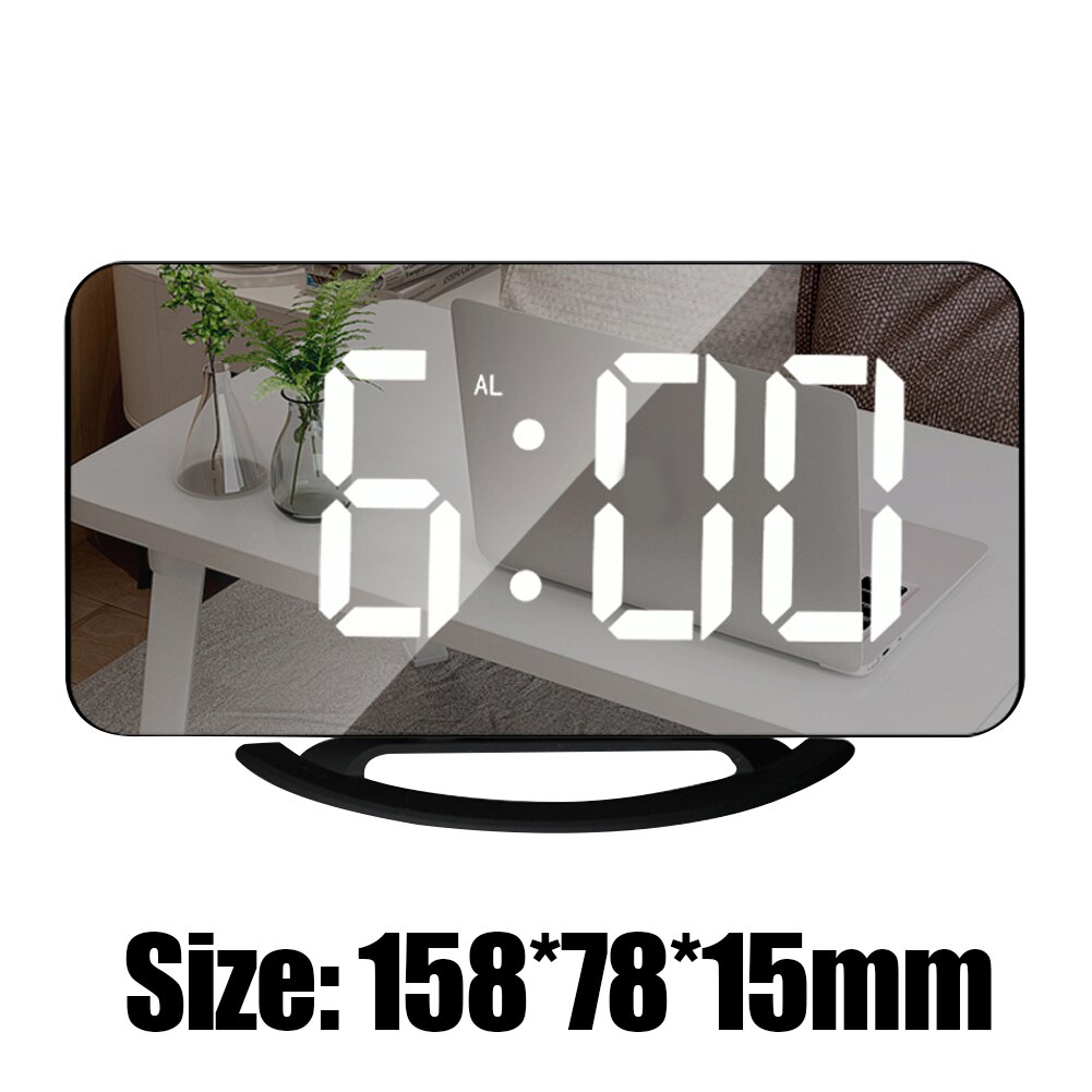 Multifunctional LED Screen Mirror Digital Display Wake Up Clock Desktop Auto Photosensitive Electronic Alarm Clock Home Decor: White1