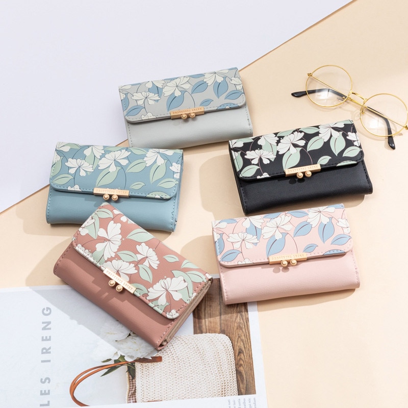 Carteira feminina estampada flor, bolsa carteira feminina pequena com três dobras