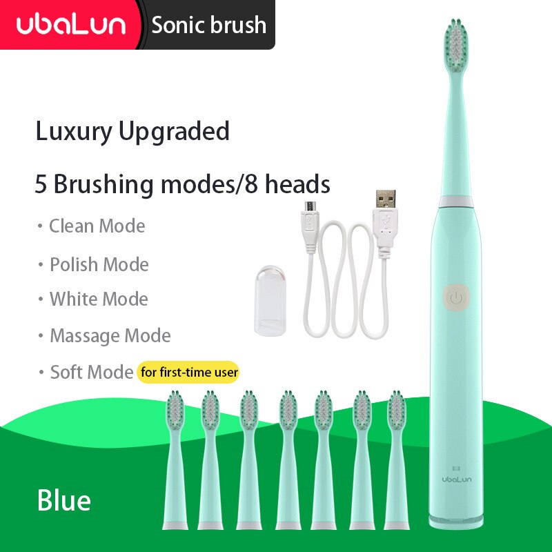 Sonic Toothbrush Vibrator Electric Toothbrushes Oral Care Adult Children Electric Toothbrush Ultrasonic Tooth Brush: 5 modes 8 heads Blue