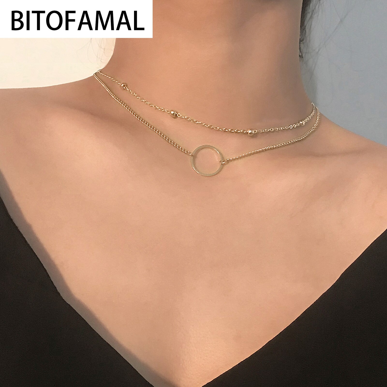 Double-Layer Bead Ketting Holle Cirkel Hanger Ketting Voor Vrouwen Eenvoudige Geometrische Vrouwelijke Trendy Chokers Kettingen