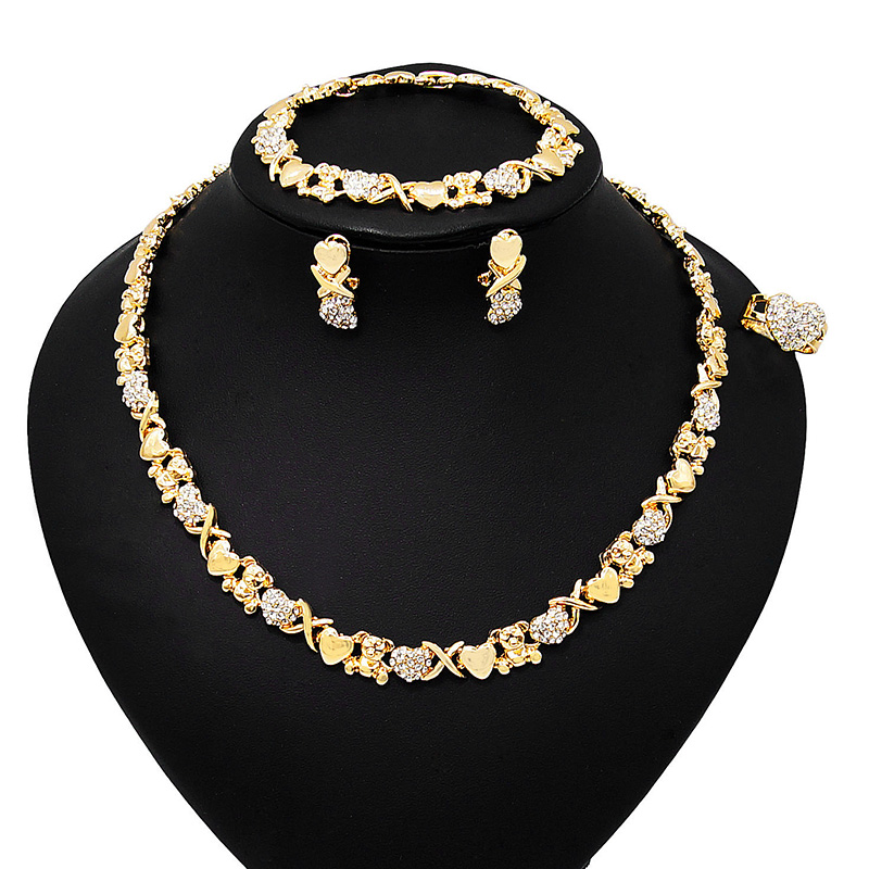 Conjunto de joyería de Color dorado para mujer, conjunto de collar chapado en oro de 18 quilates, collar de oso a la nupcial para boda, pendientes, anillo, en forma de corazón