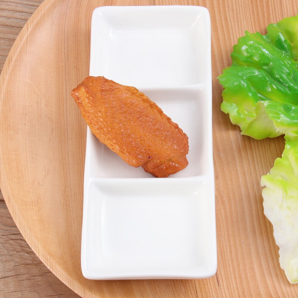 6 Inch Pure White Ceramic 3-Compartment Appetizer Serving Tray Rectangular Divided Sauce Dishes for Spice Dish Soy Sauce