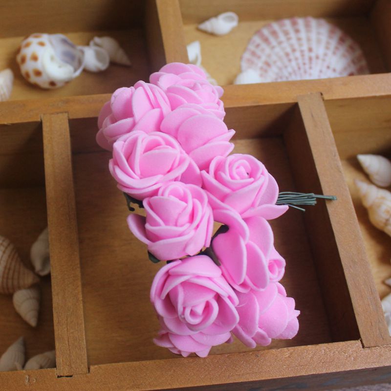 12 stk / parti simulering mini rose kunstig blomst skum blomst diy blomst kugle krans hovedbeklædning bryllup dekoration brude blomster: Dyb lyserød