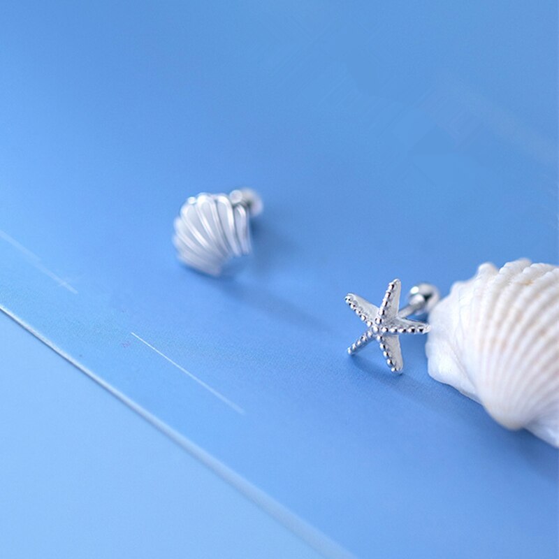 925 Sterling Silver Shell Starfish Stud Earrings for Women Daughter Girls Clear CZ Zircons Screw Back Asymmetry Earring Jewelry