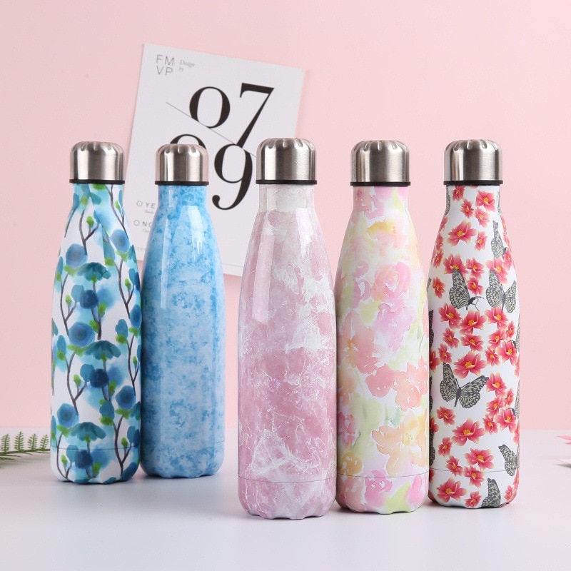 Floral Wood Water Bottle BPA Free Marble Insulated Cold Cup Coffee Mug Leak-proof Water+Bottles Stainless Steel Thermos Flask