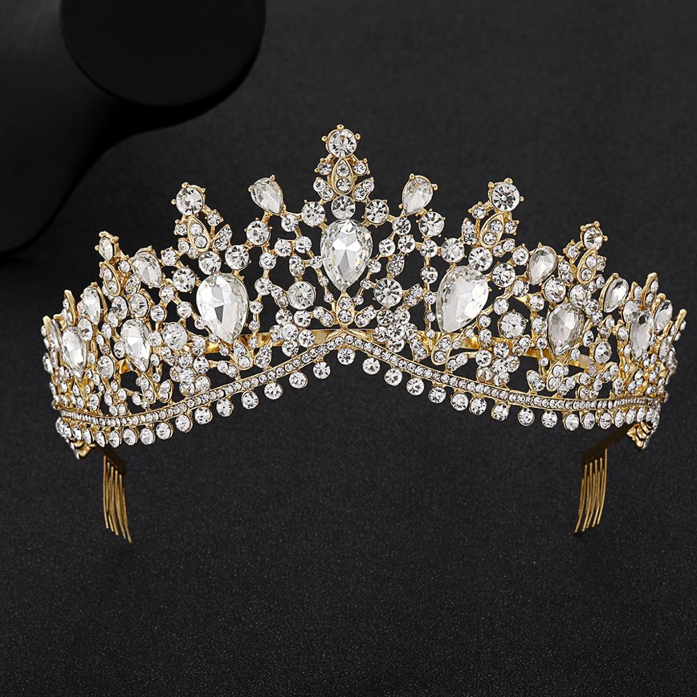 Luxe gouden rode strass bruids tiara's kroon vintage barok kristal diadeem voor bruiden hoofdbanden bruiloft haaraccessoires: Goud met kam