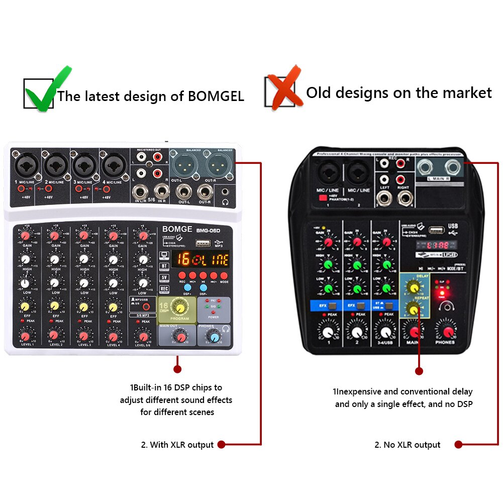 Mixer Audio a 6 canali Console di missaggio a basso rumore supporta l&#39;interfaccia USB compatibile Bluetooth alimentazione Phantom 48V integrata