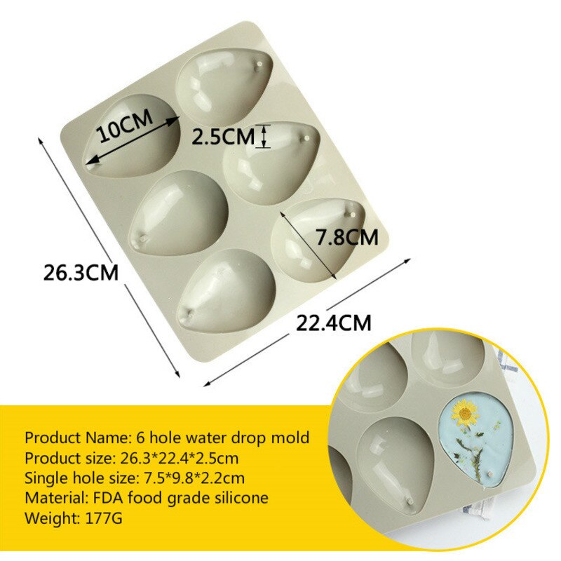 26x22cm Wax Tablet Silicone Mold DIY Handmade Candle Molds for Plaster Soap 6 Linked Aromatherapy Gypsum Water Drops Form