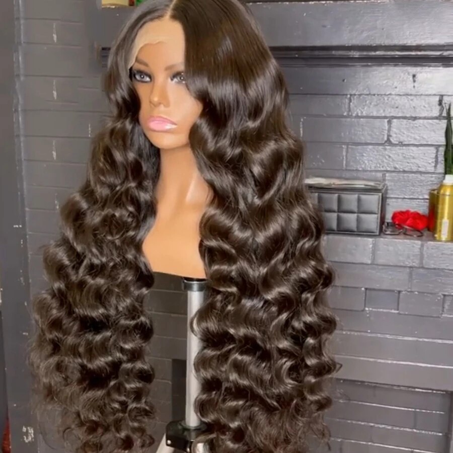 Perruque Lace Front wig sans colle noire naturelle, cheveux synthétiques ondulés de 26 pouces, Fiber haute température, partie T quotidienne