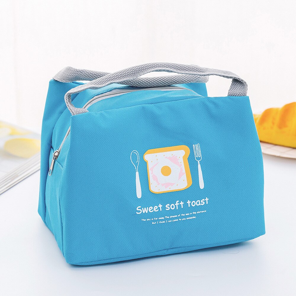 Fengdong insulated lunch bag for kids cute portable storage food bag thermal cooler picnic bag box waterproof school tote bag: blue toast