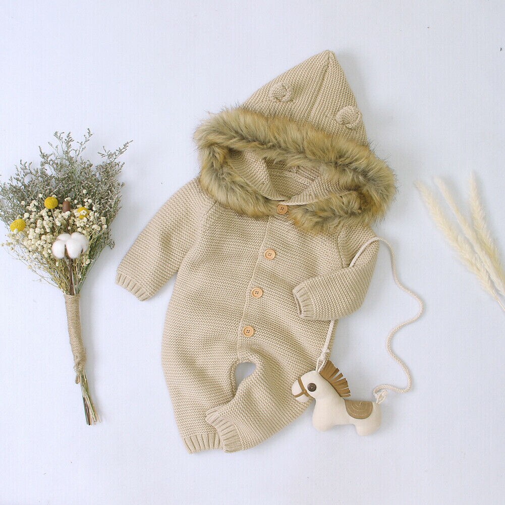0-24M Baby Meisje Jongen Winter Rompertjes Kleding Gebreide Lange Mouwen Single Breasted Hoodie Romper Jumpsuit Outfits
