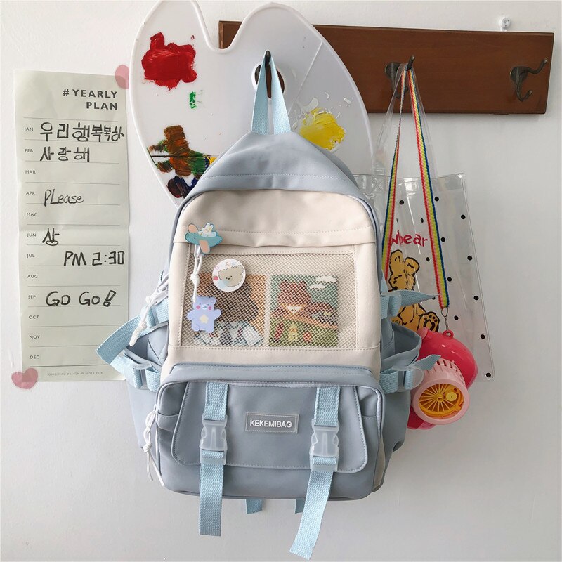 Koreanische Version von Harajuku Einfache Mädchen Student Schul Nylon Multifunktionale Rucksack Outdoor Reise Mochila Escolar: Blau / Has pendant