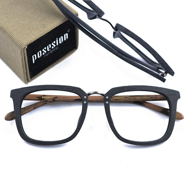 Vintage Square Silver & Wooden Eyeglasses For Men – Classy Retro Clear Lens
