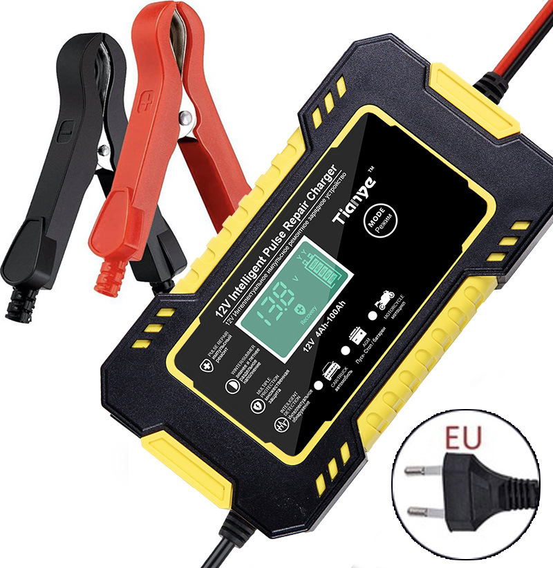 Car Motorcycle Battery Charger 12 V Battery Starting for Auto Moto Lead Acid AGM Gel VRLA Smart Charging Digital LCD Display: Yellow EU Plug