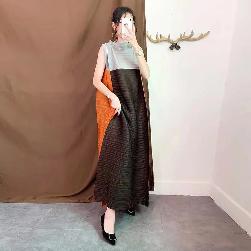 Miyake Pleated Dress Summer Women Dress Stitching High Temperament Loose Casual Long Skirt Female Spot: Brown