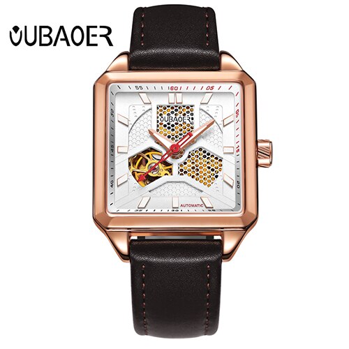 OUBAOER hommes montres mécaniques automatique auto-vent Sport cuir hommes montre-bracelet carré squelette homme mâle heure chaude: Rose White