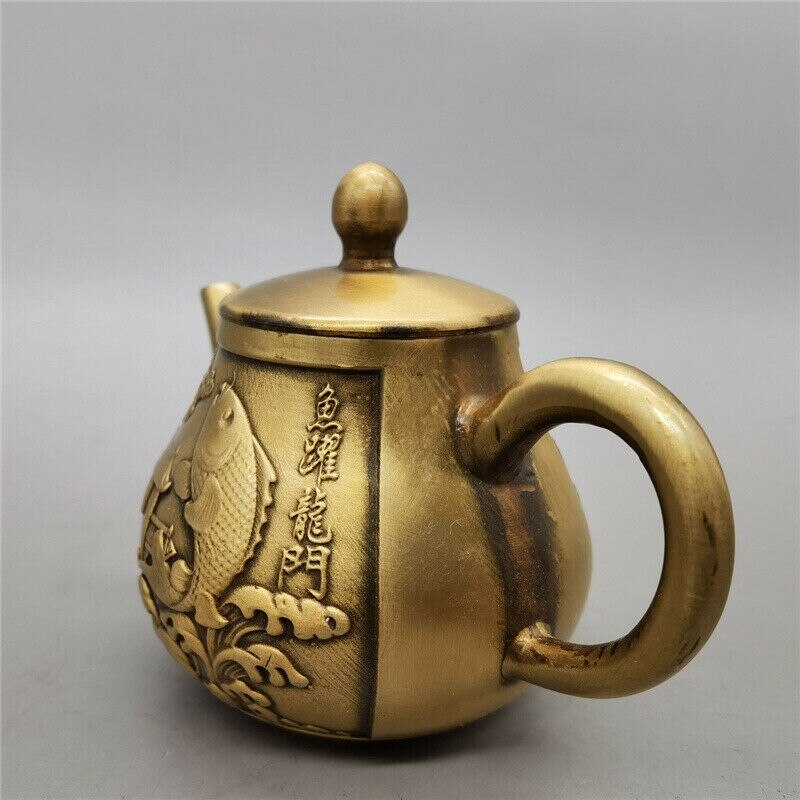 Chinese Antiques Collection Brass Carp Jumping Dragon Gate Teapot