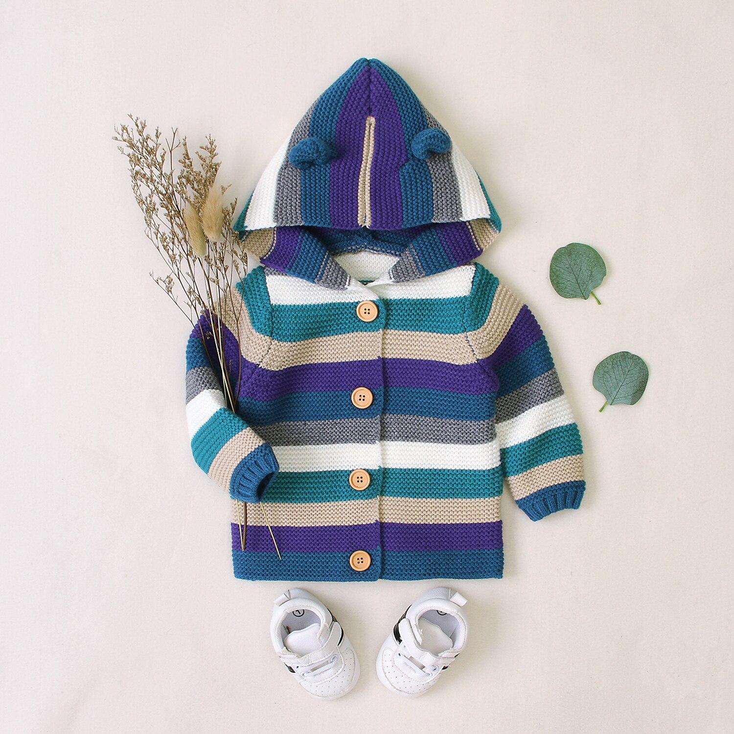 Automne tricoté Cardigan garçons filles doux Style mixte couleur rayure à manches longues simple boutonnage Outwear décontracté à capuche haut 3-24M