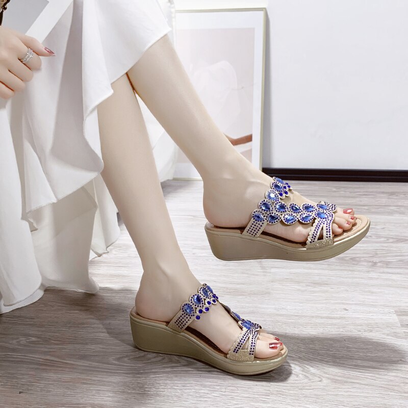WDHKUN Bling femmes sandales été sandales à talons hauts cristal décontracté dames chaussures talons hauts strass pantoufles #0626