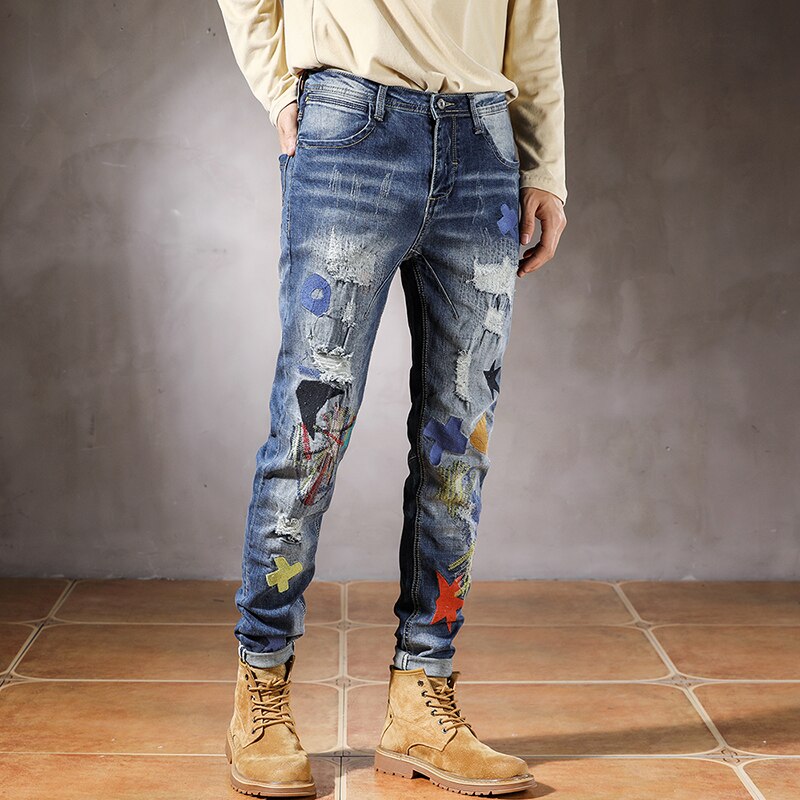 Moto i jeansy dla motocyklistów mężczyźni szczupły dopasowanie rozciągać niebieski biodro chmiel niejednolita całość sztucznie postarzane spodnie dżinsowe z dziurami dla mężczyzn wytarte dżinsy spodnie streetwear