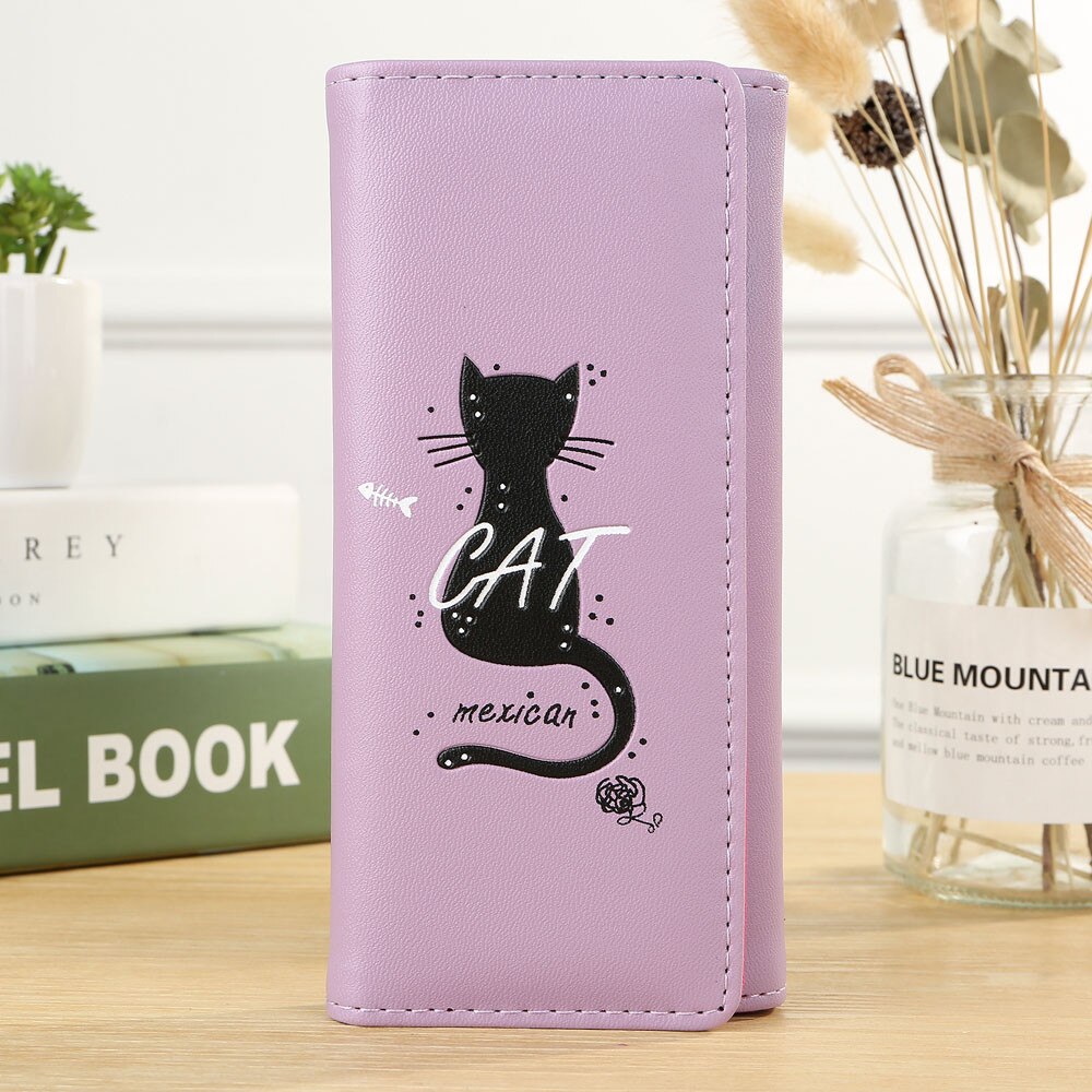 Women Simple Cat Long Wallet Coin Purse Card Holders Handbag Package Fold Pu Leather Female Coin Purse Card Holder: E