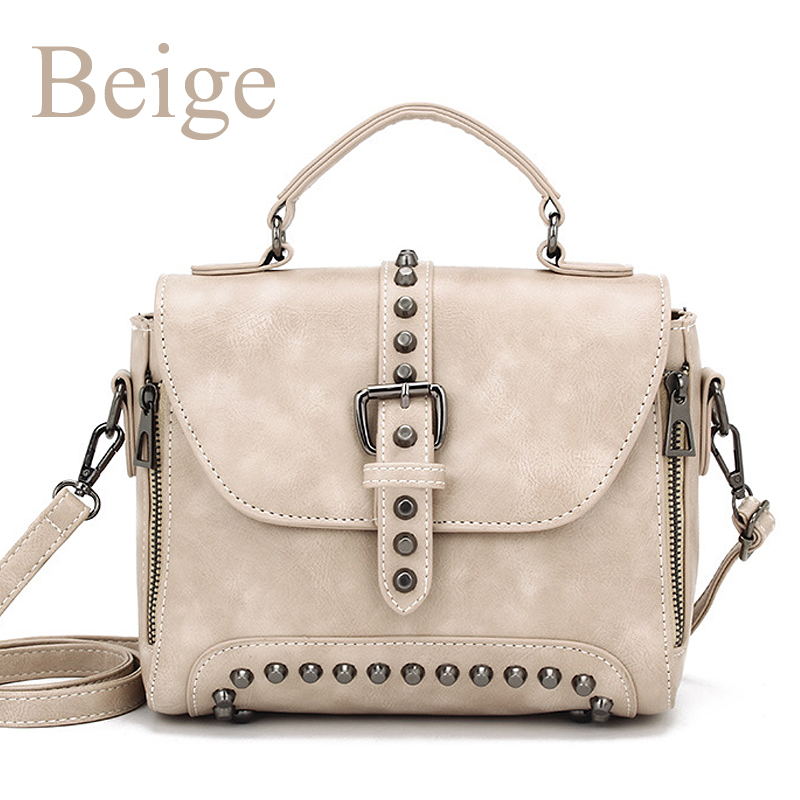 ZMQN Umhängetaschen Für Frauen Schulter Taschen Weibliche Vintage Leder Taschen Frauen Handtaschen Berühmte Niet Kleine Damen A522: Beige