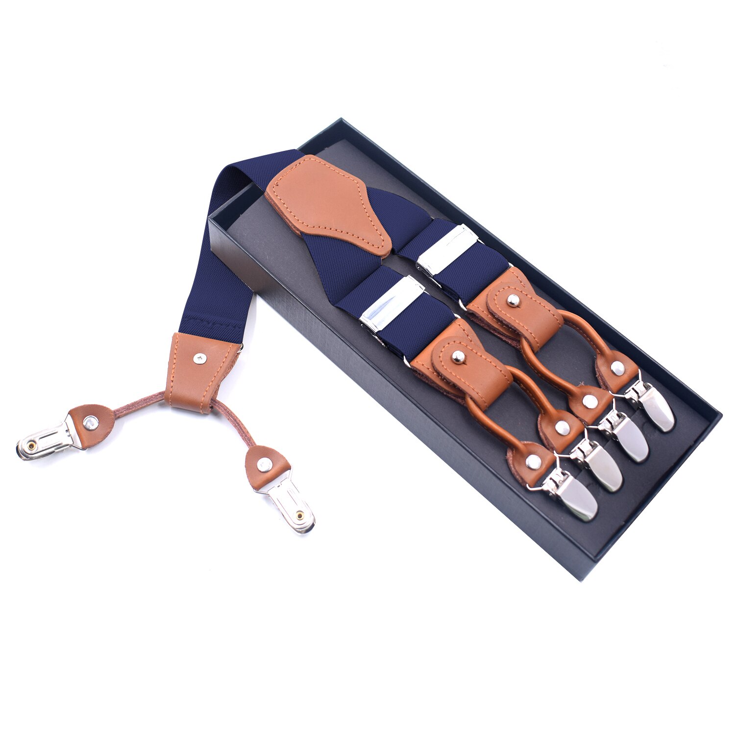 Bretelles en cuir Vintage Bretelles avec Clips en métal Pour hommes réglable chemise élastique sangle ceinture Bretelles Pour Homme Tirantes: Navy Blue