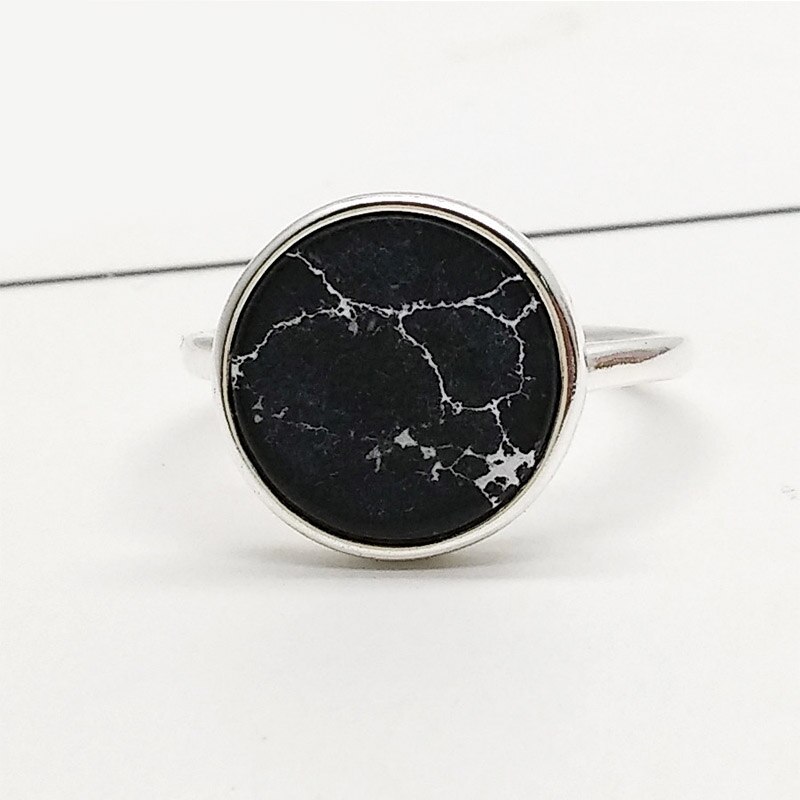 1PC Round Circle Black Open Valentines Ring White Unique Adjustable Exquisite Marbled Stone: A