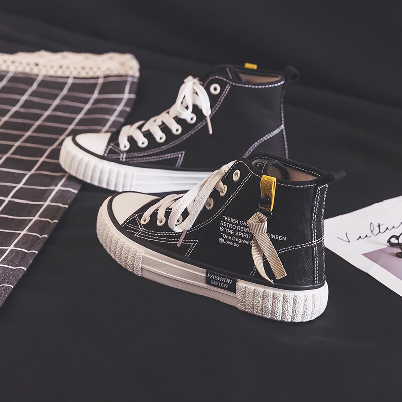 Vrouwen Canvas Schoenen Lente Meisje Casual Schoenen Platte Hak Hoge Top Rits Effen Kleur Sneakers Studenten kaki