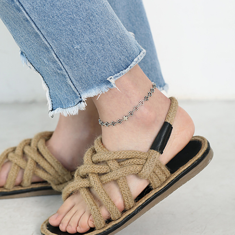 F.i.n.s Oude 100% S925 Sterling Zilveren Enkelbandje Ins Retro Hollow Out Cross Enkelband Foot Armband Fijne Sieraden Accessoire