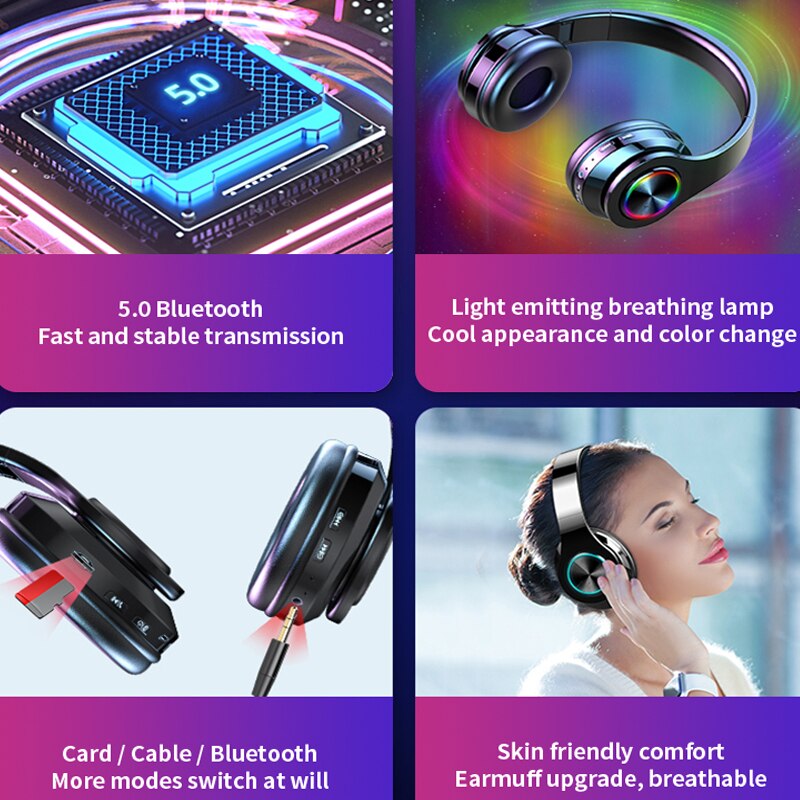 Draadloze bluetooth-headset voor telefoon, bluetooth-koptelefoon 5.0 met led-licht, bas, stereo voor pc, mobiele telefoon