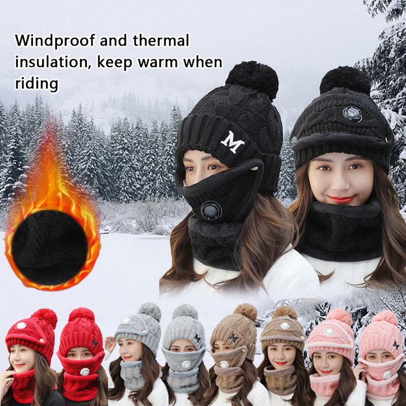 Vinter cykel hat kvinder 3 stykke varme uld beanies skullies hatte med maske krave hagesmæk kvindelig fløjl tykke anti-smog strik hætter