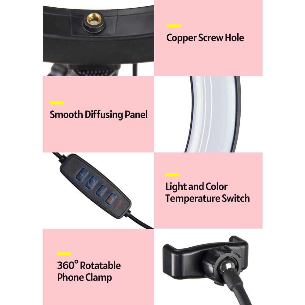 Ring Light 8 Inch Fill LED Light USB Powered Stepless Dimming with Ball Head Phone Clamp for Makeup Selfie Photography Lighting