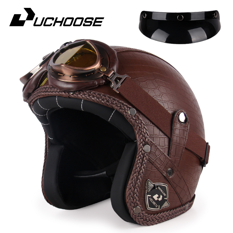 UCHOOSE retro Motorradhelm PU Leder offen Gesicht 3/4 Zerhacker Fahrradhelme klassisch Casco Moto Jahrgang: Gold / XXL