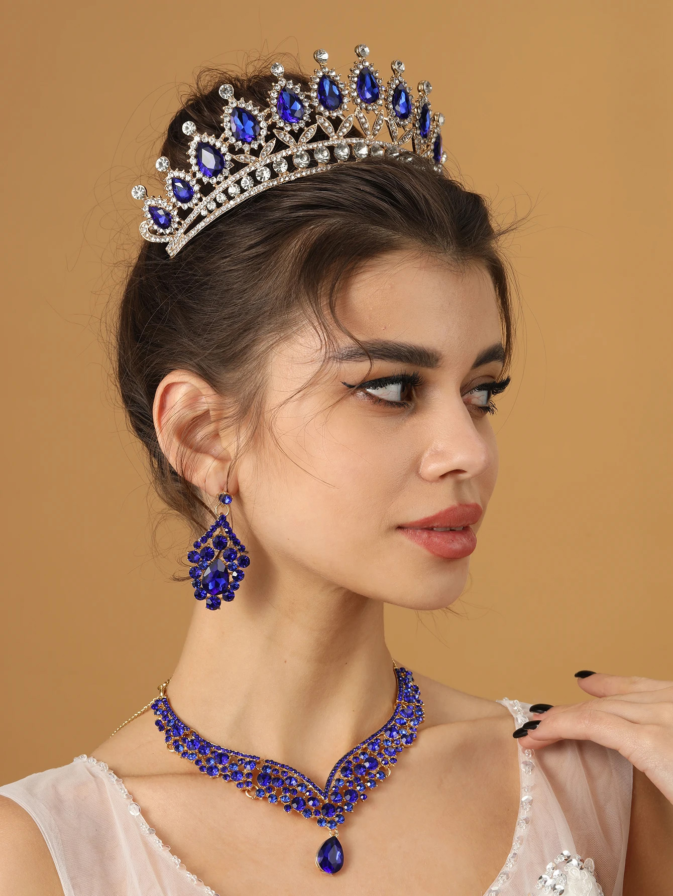 Barokke Kristal Strass Bruidssieraden Sets voor Vrouwen Trouwjurk Kroon Oorbel Tiara Ketting Set Prom Bruid Sieraden Sets: Blue