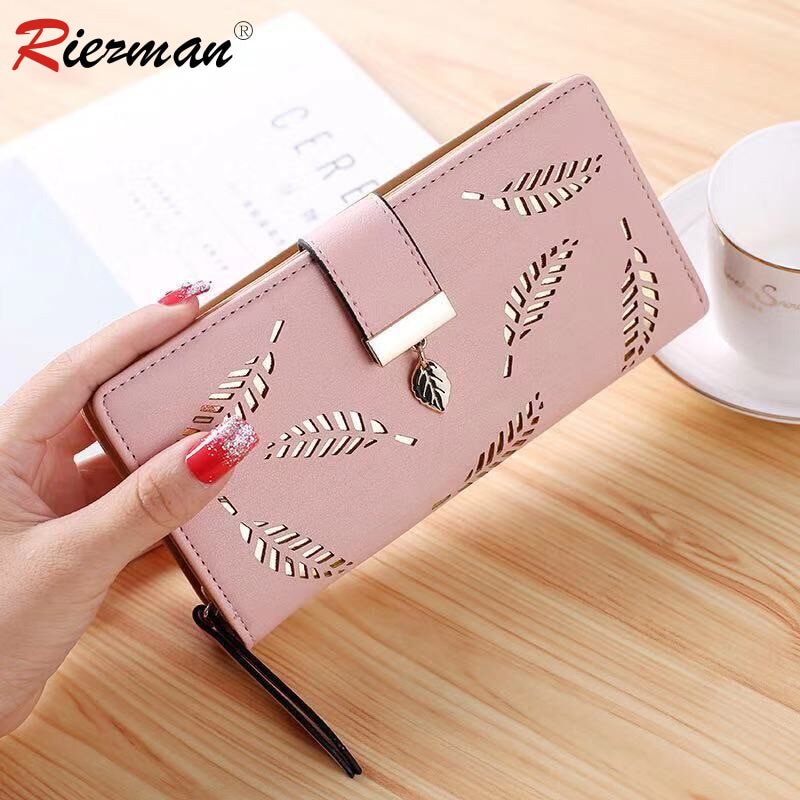 Riezman dames portemonnee pu leren portemonnee dames lange portemonnee holle bladeren clutch handtas voor vrouwen portemonnee kaarthouders
